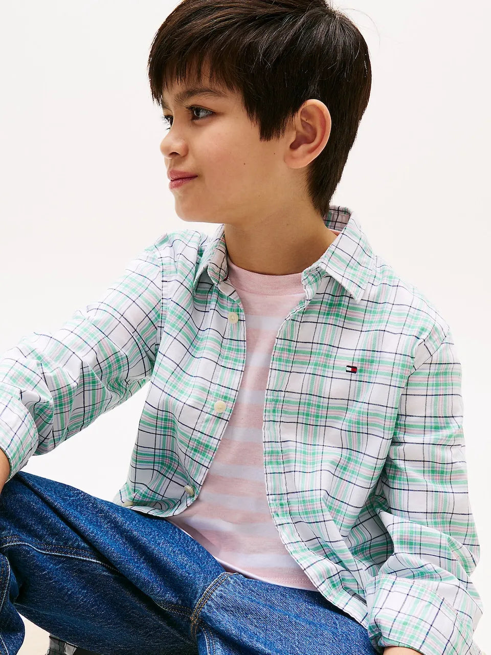 Tommy Hilfiger Boys Checkered Button-Down Shirt – White & Mint Green