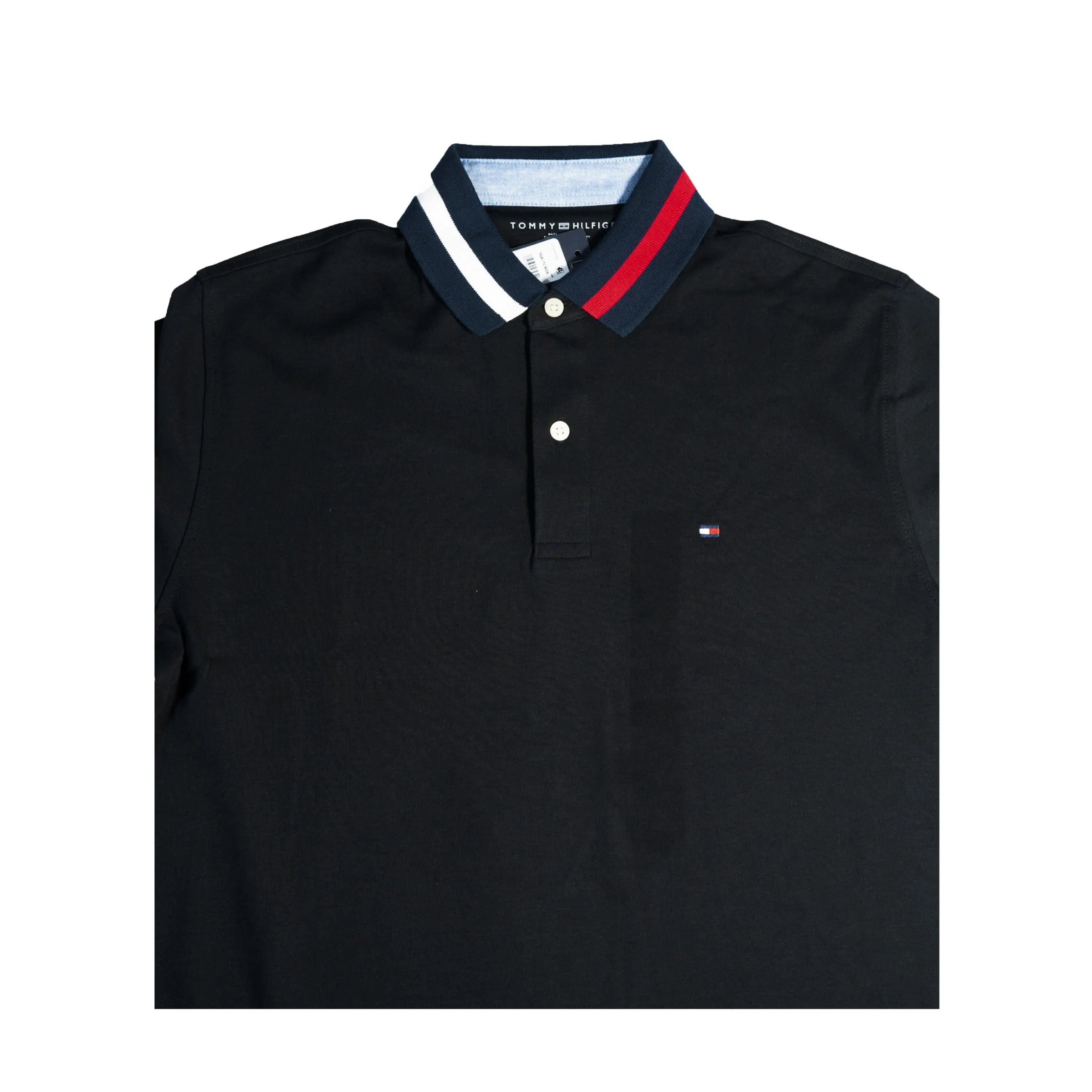 Tommy Hilfiger Men's Classic Polo Shirt – Black with Tricolor Collar Tommynippon