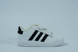 Adidas Kids’ White Sneakers – Classic Black Stripes with Double Velcro Closure