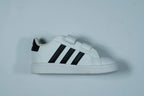 Adidas Kids’ White Sneakers – Classic Black Stripes with Double Velcro Closure Tommynippon