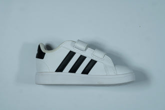 Adidas Kids’ White Sneakers – Classic Black Stripes with Double Velcro Closure