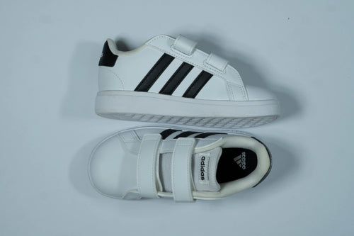 Adidas Kids’ White Sneakers – Classic Black Stripes with Double Velcro Closure Tommynippon