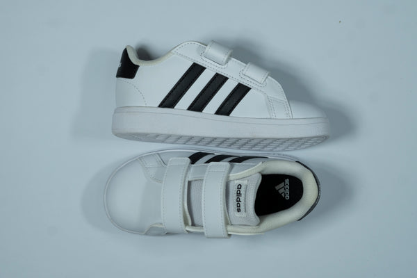 Adidas Kids’ White Sneakers – Classic Black Stripes with Double Velcro Closure
