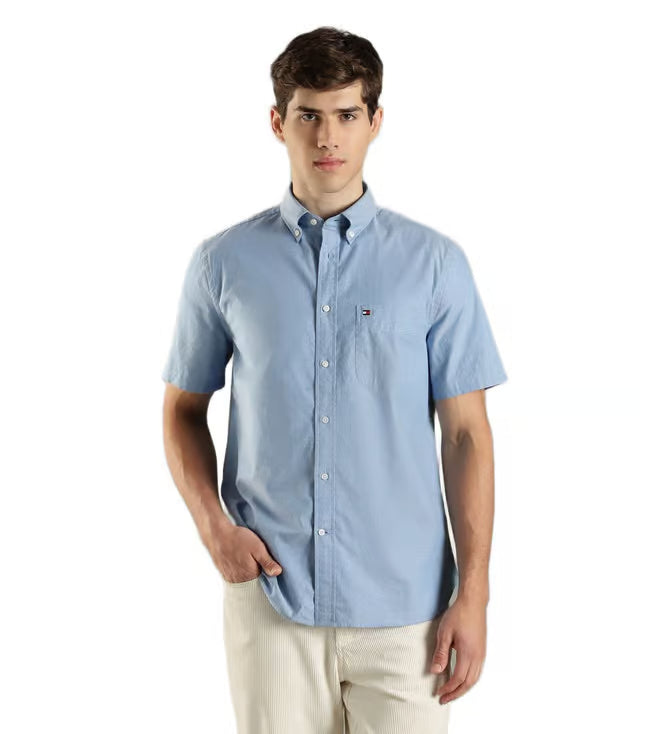 Tommy Hilfiger Men's Short Sleeve Casual Button Down Shirt Blue