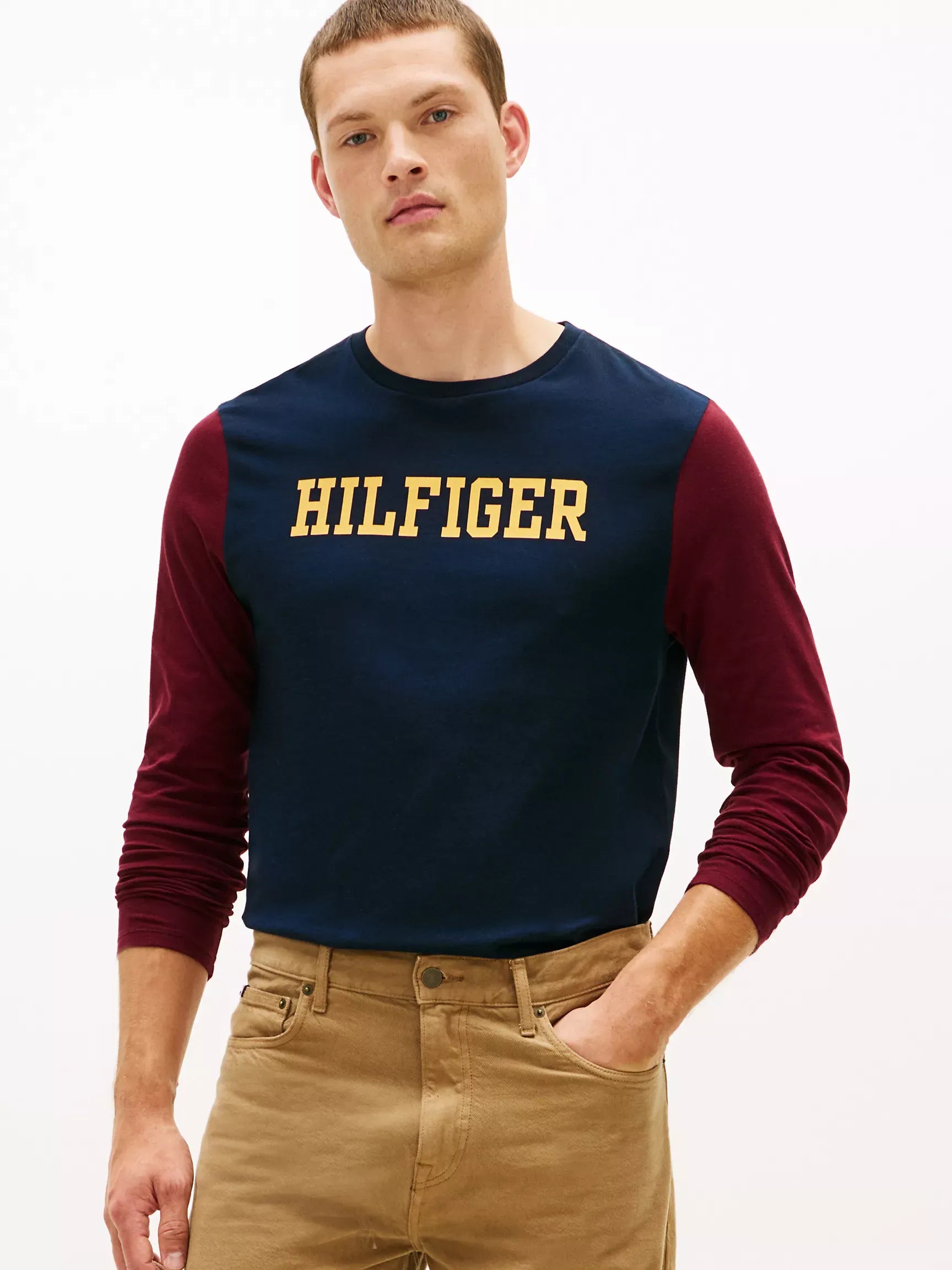Tommy Hilfiger Men's Colorblock Long Sleeve T-Shirt – Navy & Maroon