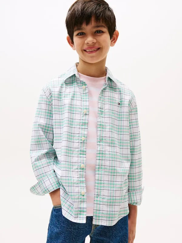 Tommy Hilfiger Boys Checkered Button-Down Shirt – White & Mint Green