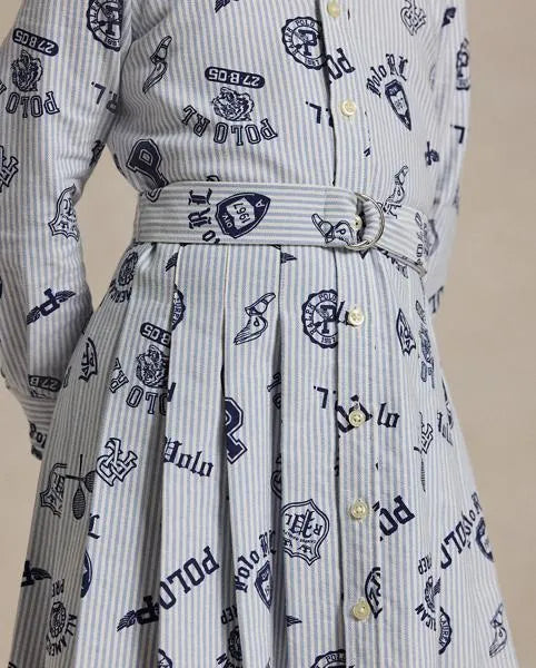 Pleated Graphic Cotton Oxford Shirt Dress