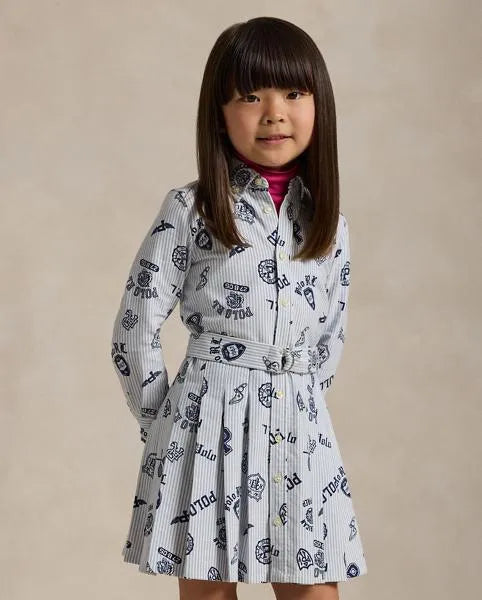 Pleated Graphic Cotton Oxford Shirt Dress