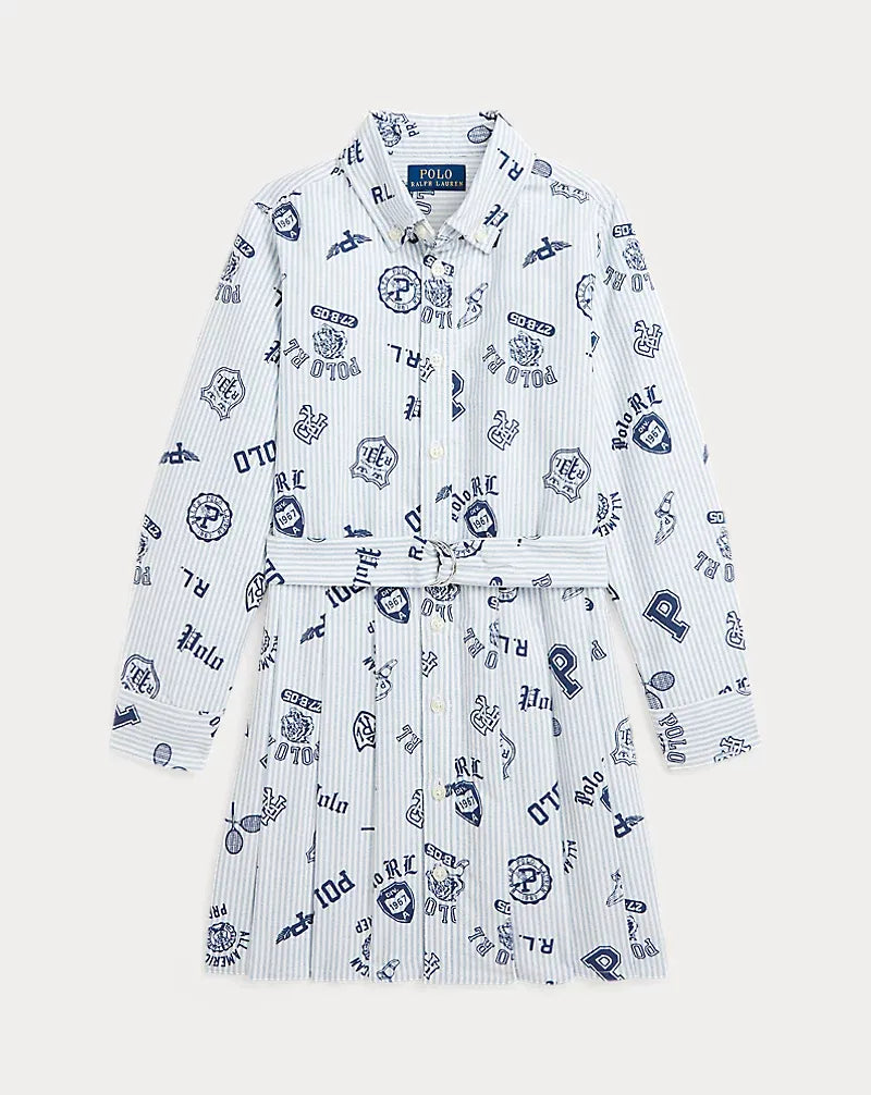 Pleated Graphic Cotton Oxford Shirt Dress